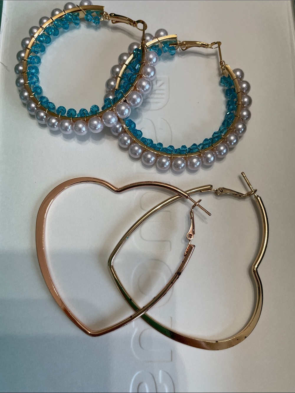 Gold  Hoop Earrings with Turquoise Beads & Pearls — Heart Shape Gold Hoop Set